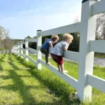 Two young boys climbing over a white fence in a sunny outdoor setting.